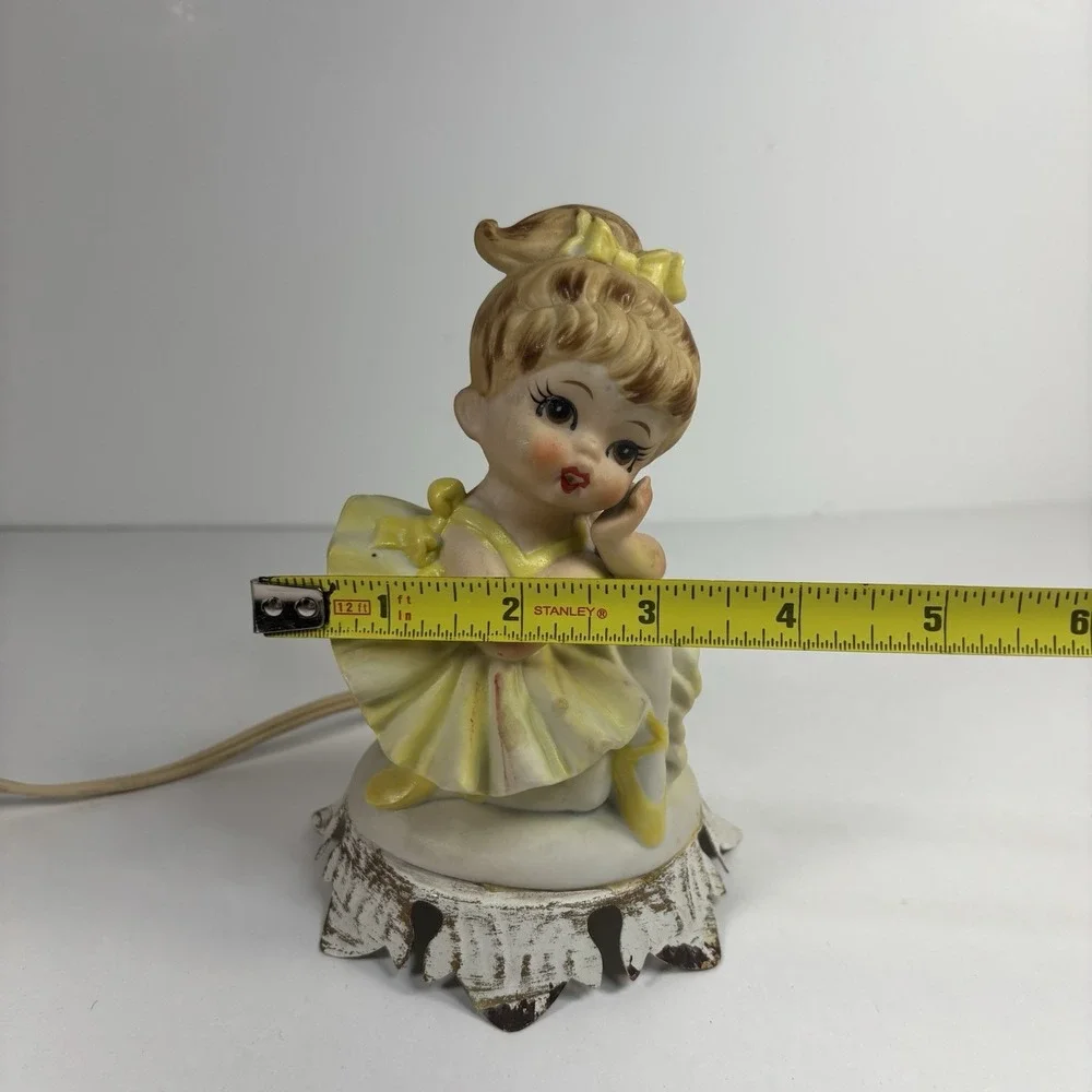 Vtg Rustic Cottage Porcelain Ballerina Night Light Yellow Dress Metal Stand Plug